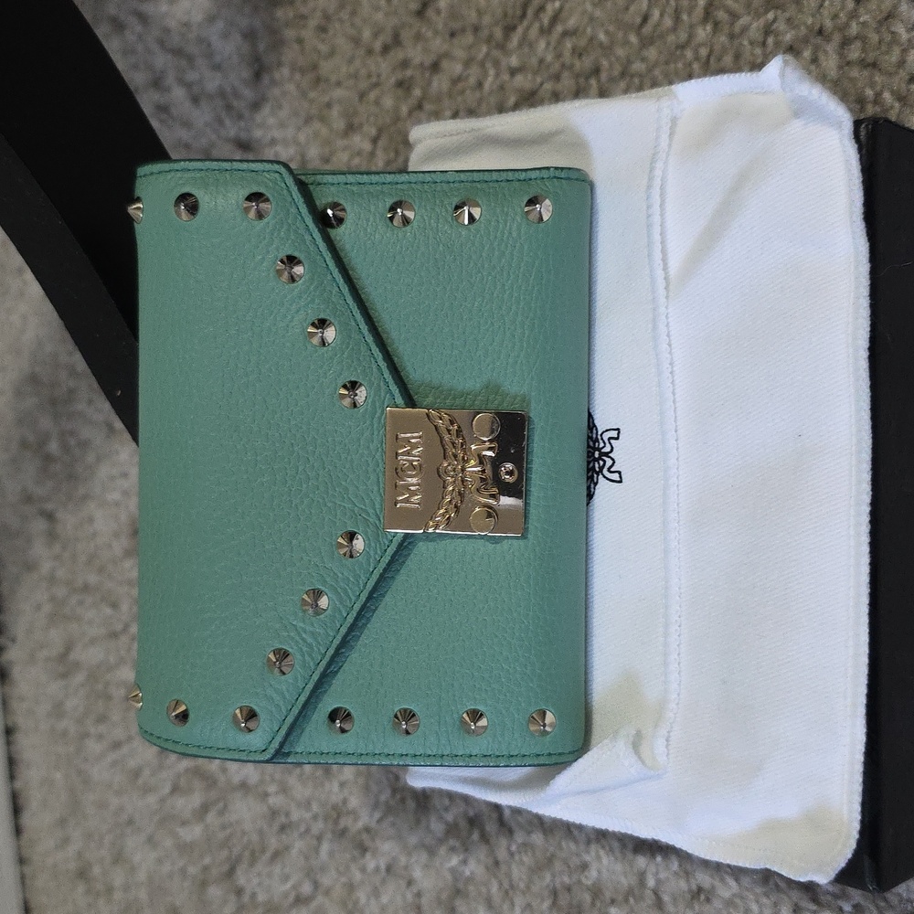 MCM Patricia Park Avenue Studded Leather Wallet Mint Green Soft